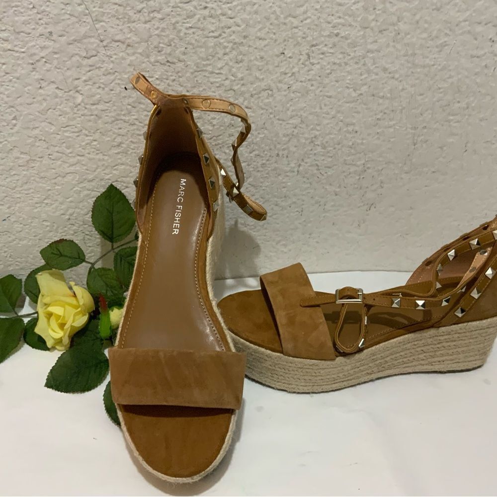 Marc Fisher Tan Suede Espadrille Wedge Sandals with Studded Ankle Straps